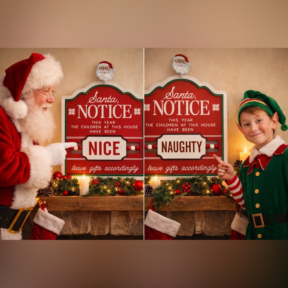 Naughty or nice Christmas sign NEW NWT free standing wood tabletop decor Xmas